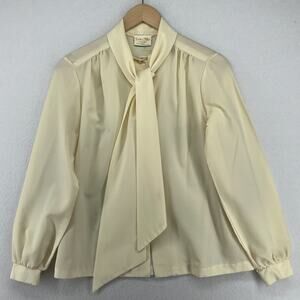 LEE MAR Top Womens S Texturized Dacron Tie Neck Button Up Blouse Off White VTG